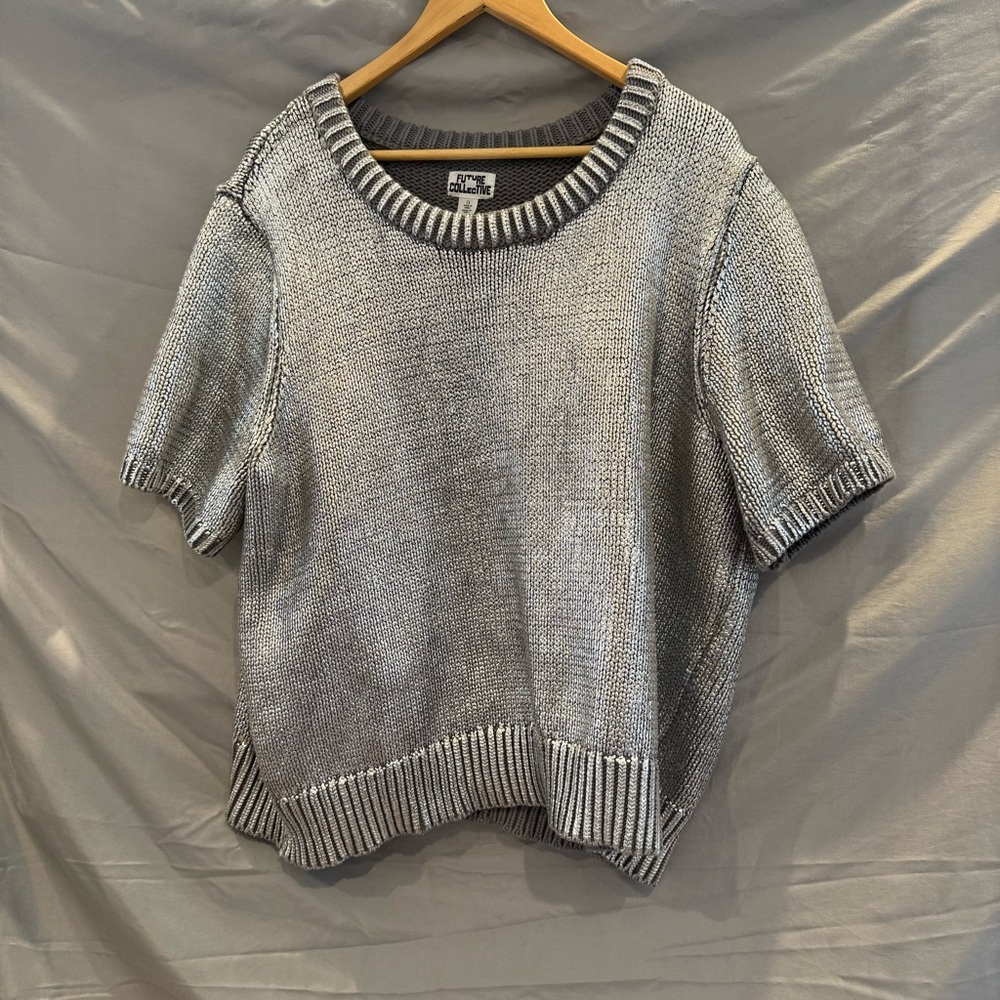 Future Collective Womens 1X Metallic Silver Crewneck Top Y2K Futuristic Chic